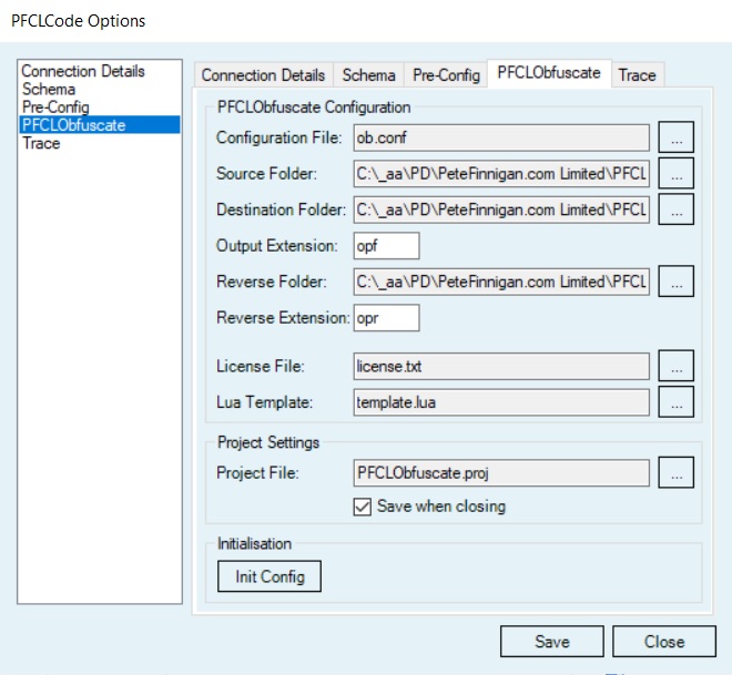 PFCLObfuscate Settings